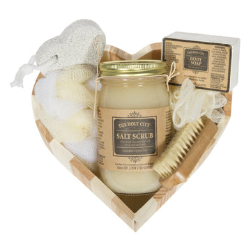 Valentine's Heart Shaped Gift Set with Holy City Skin Products Pure Dead Sea Salt Scrub for Hand & Body & Bath Soap Bar (Honey Almond)