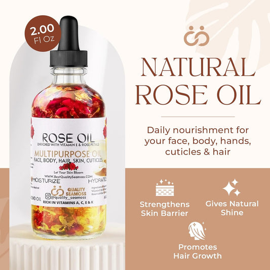 Multipurpose Rose Oil, Moisturizing Hair & Body Oil, Vitamin E Oil with Apricot, Sweet Almond and Bergamot Essential Oils for Skin, Body & Face Oil for Dry Skin, Scalp & Nails, 2  - Quality Seamoss