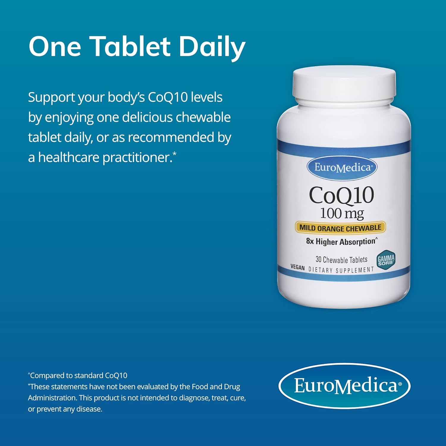 Euromedica CoQ10 Chewable, 100 mg - 30 Tablets - 8X Higher Absorption 