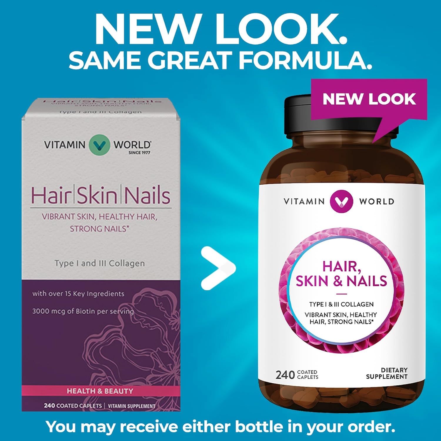 Vitamin World Hair, Skin and Nails Formula 240 caplets, Type I and III