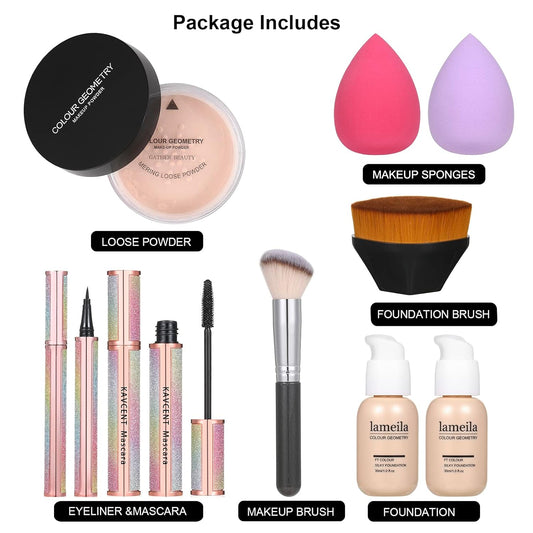 Full Coverage Liquid Foundation Makeup Powder Mascara Eyeliner Makeup Brushes Foundation Brush 2 Makeup Sponges Make up