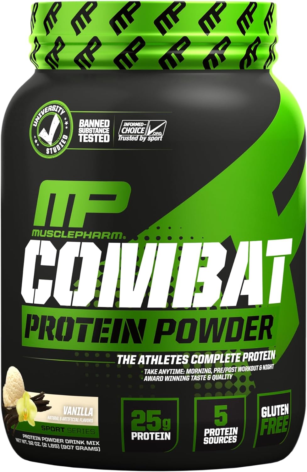 MusclePharm Combat Protein Powder, Vanilla - 2 lb - Gluten Free - 26 S
