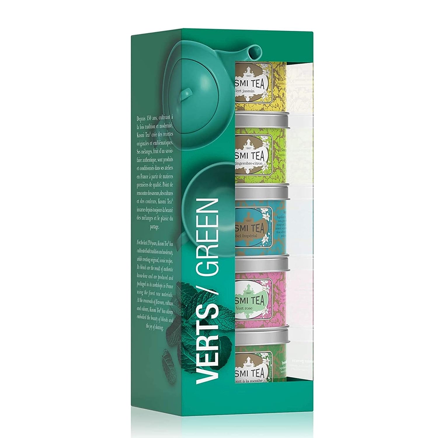 Kusmi Tea Green Teas Gift Set - Five Loose Teas in Miniature Tins - Includes Jasmine, Ginger-Lemon, Imperial Label, Rose & Spearmint