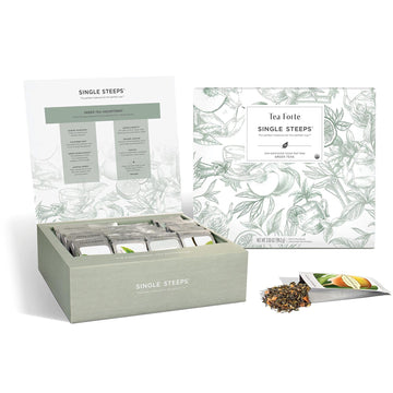 Tea Forte Organic Green Teas Single Steeps Tea Chest Variety Gift Box, Loose Tea Sampler with 28 Assorted Teas