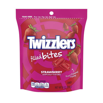 TWIZZLERS Filled Bites Strawberry Flavored Chewy Candy, Low Fat, 8 oz Resealable Bag