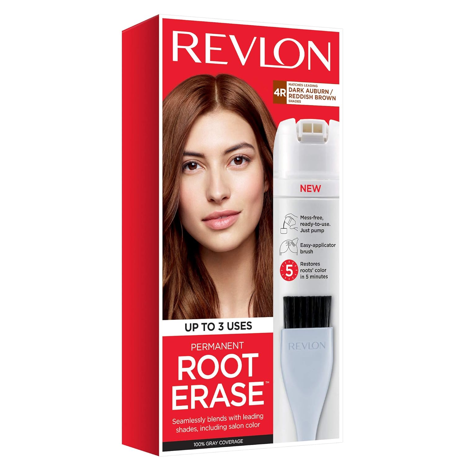 Revlon Permanent Hair Color, Permanent Hair Dye, At-Home Root Erase with Applicator Brush for Multiple Use, 100% Gray Coverage, Dark Auburn/ Reddish Brown (4R), 3.2