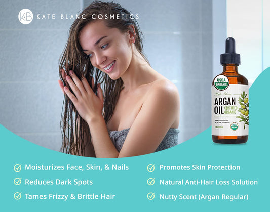 Kate Blanc Cosmetics Argan Oil for Hair & Skin. 100% Pure, USDA Certified Organic, Coldpressed Hair Oil. Stimulate Growt