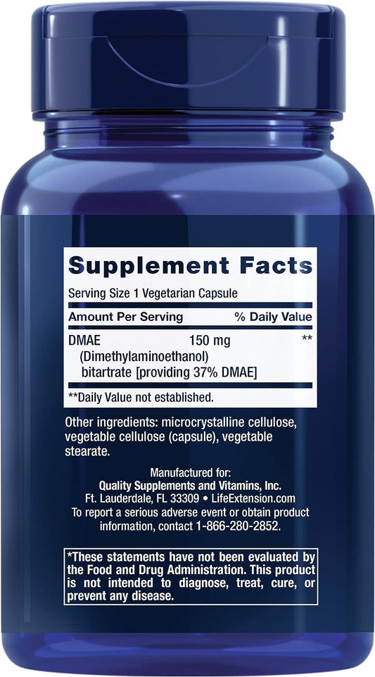 DMAE Bitartrate - Dimethylaminoethanol Supplement For Brain Health, Focus and Memory - Support Essential Neurotransmitter Choline Production - Non-GMO, Gluten-Free, Vegetarian - 200 Capsules