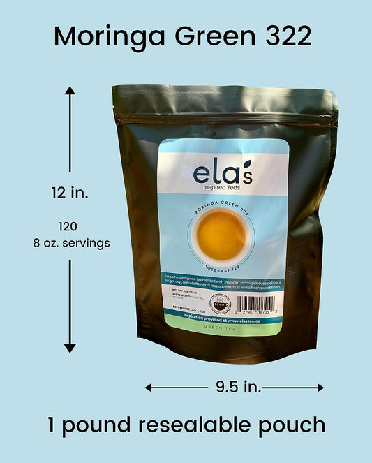 Ela’s Tea Moringa Green 322 | Premium Loose Leaf Green Tea | Smooth with Moringa for Delicate Sweet Flavor | Antioxidant Rich, Immune Boosting | Hot or Iced Tea | 120 Cups Brewed