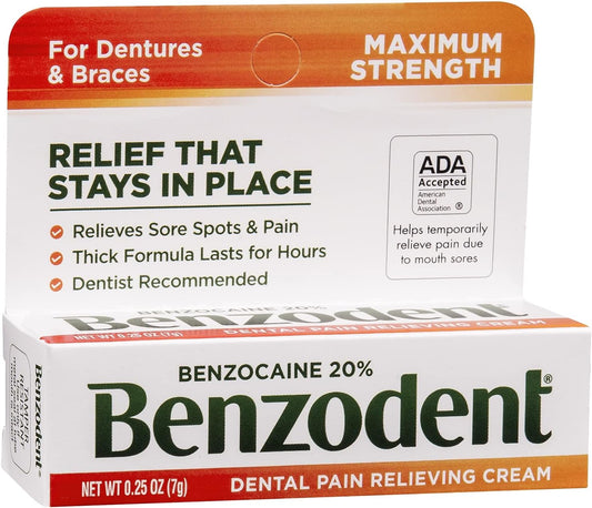 Benzodent Dental Pain Relieving Cream for Dentures and Braces, Topical Anesthetic, 0.25  Tube