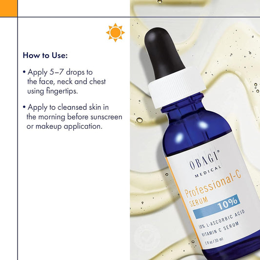 Obagi Professional C Serum 10%, Vitamin C Facial Serum with Concentrated 10% L Ascorbic Acid for Normal to Oily Skin, 1.0