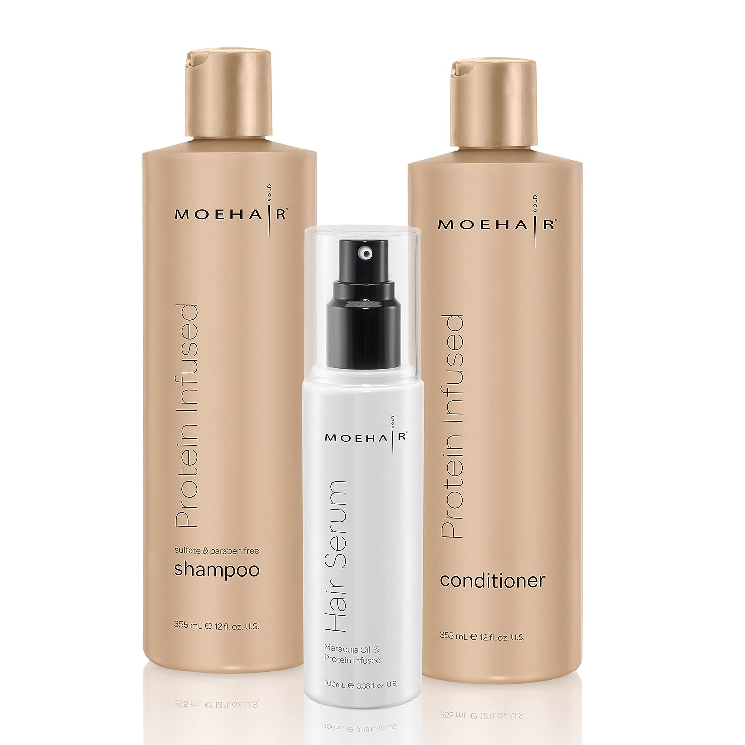 Moehair Hair Care Set | Protein Infused Shampoo, Protein Infused Conditioner, Hair Serum | Made in USA | Sulfate and Paraben Free | Luxurious Hair Care Package | Moisturizing and Nourishing Hair Care For Damaged, Dull and Weak Hair