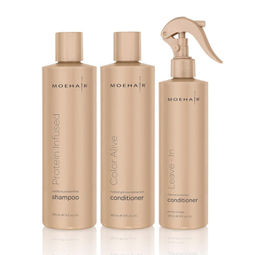 MOEHAIR Trio Pack Of Protein Infused Shampoo (12  ), Color Alive Conditioner (12  ) and Leave-in Conditioner (12  ) For Dry Damaged and Color-treated hair, Hydrating and Nourishing