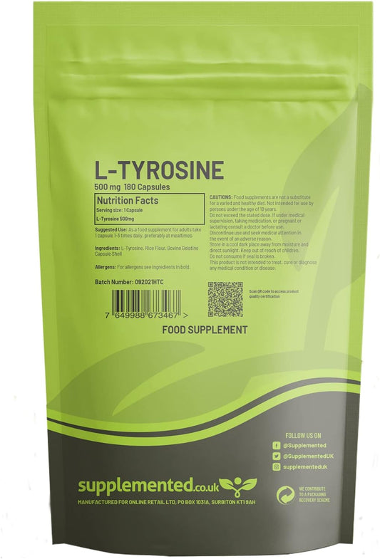 L-Tyrosine 500mg Supplement 180 Capsules. Pharmaceutical Grade

130 Grams