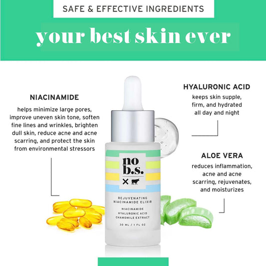 NO B.S. Rejuvenating Niacinamide Serum With Hyaluronic Acid and Chamomile Extract - Dark Spot Remover, Anti-Aging, Acne, Hyperpigmentation Treatment Serum (1 ), Includes Two Caffeine Eye Cream Deluxe Minis