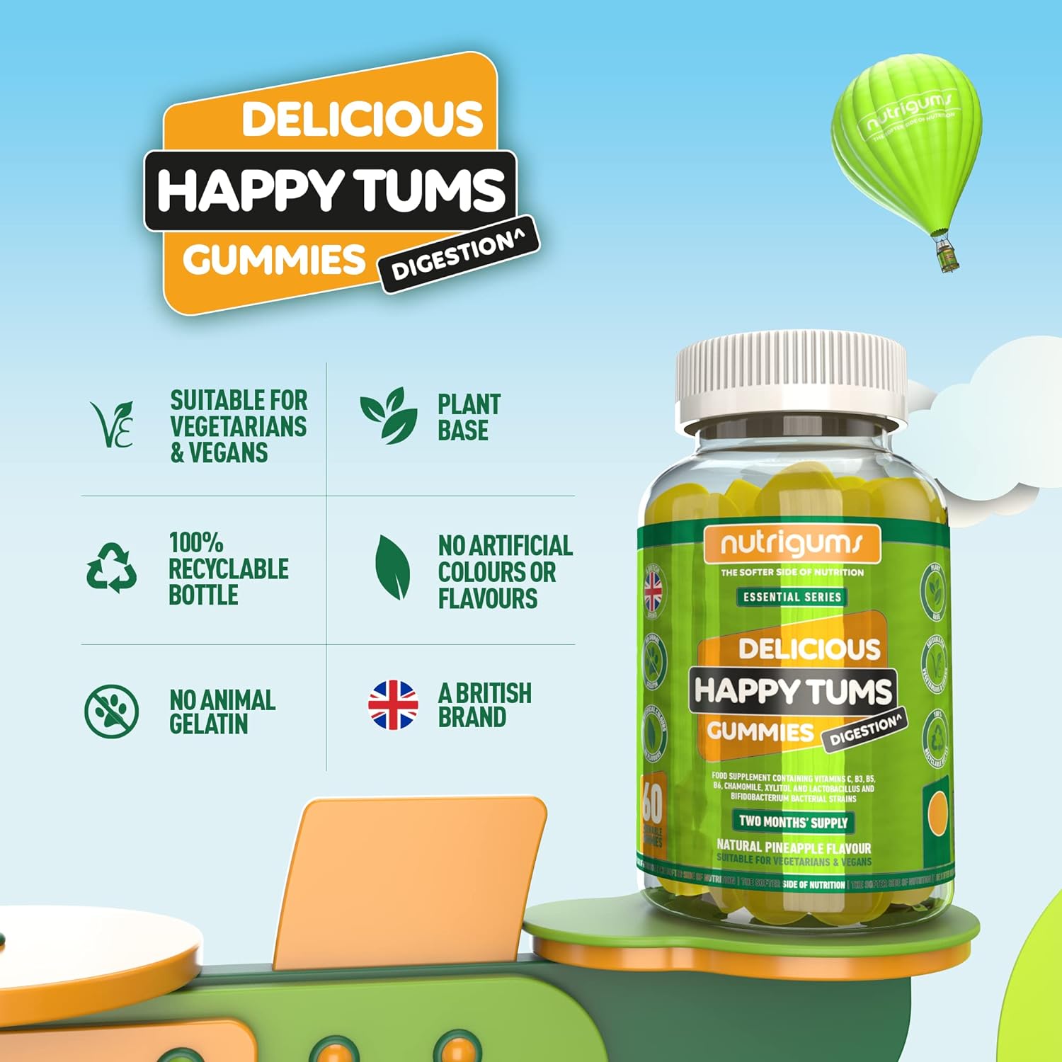 Happy Tums Digestive Complex Gummy | Pineapple Flavour | 60 Vegan Gumm