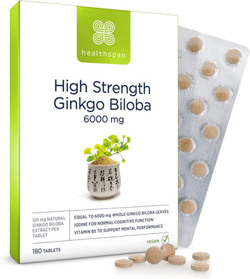 Healthspan Ginkgo Biloba 6,000mg | High Strength | 180 Tablets | Iodin177 Grams