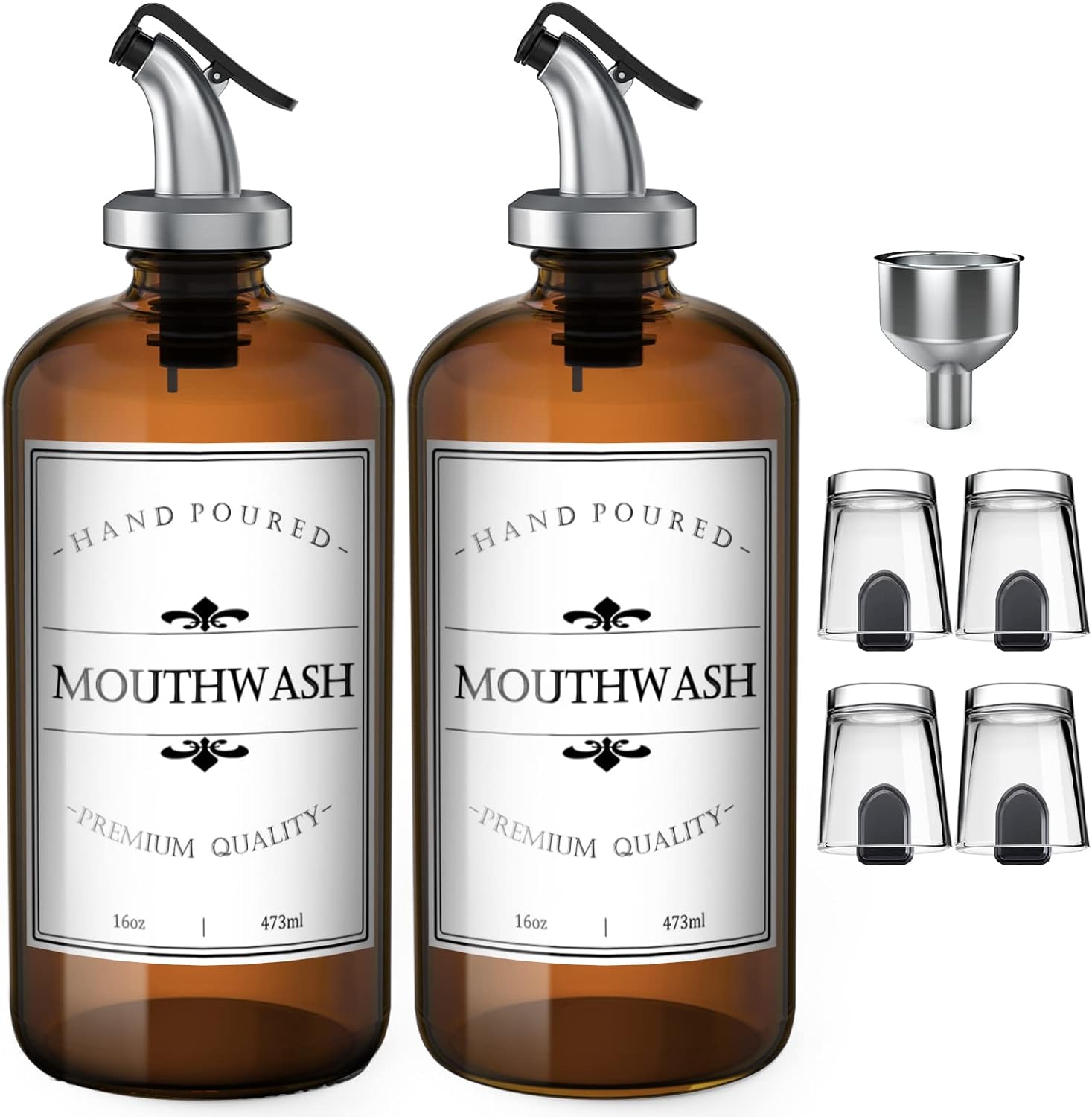 16 Amber Glass Mouthwash Dispenser for Bathroom, 2 Pack Thick Mouthwash Bottles Container with 2 Pour Spouts, 4 Reusable Mouthwash Cups, 2 Waterproof Labels and Funnel