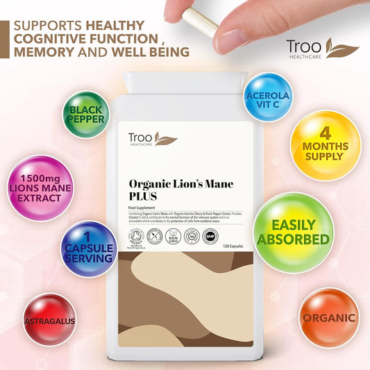 Organic Lion's Mane Mushroom Complex 120 Capsules - 1500mg Lions Mane 100 Grams