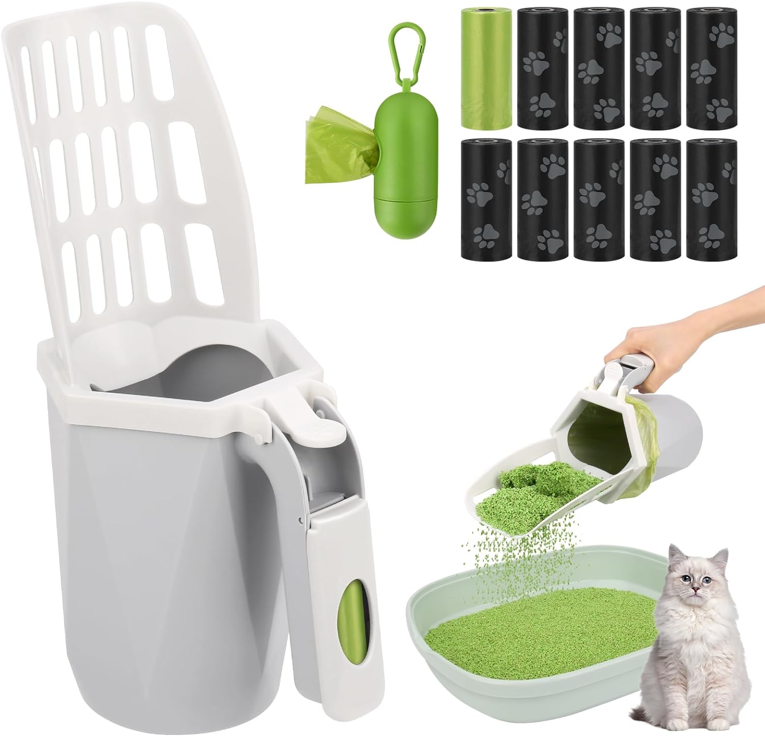 Mypin Cat Litter Scooper With Holder, Cat Litter Shovel With Waste Can And Refill 195 Bags, Large Capacity Cat Scooper P