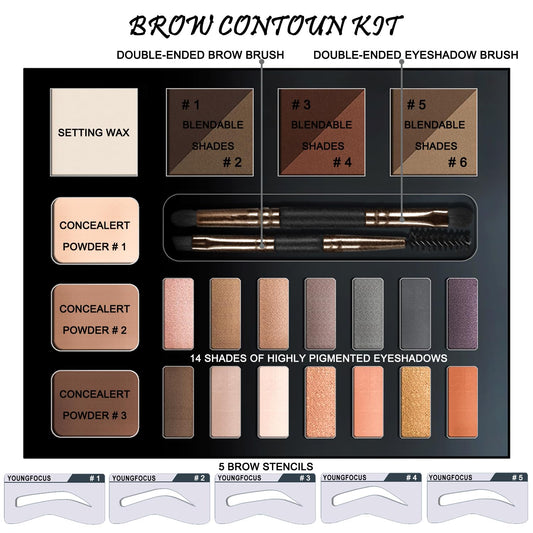 Youngfocus Eye Makeup Brow Contour Kit, 6 Waterproof Eyebrow Powders Palette Set, 5 Eyebrow Stencils,14 Highly Pigmented Eyeshadows, 3 Highlighter Contour Powders, Spoolie/Brush Duo, Eye Brow Wax - Best Gift