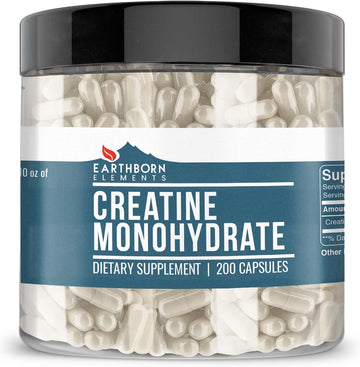 Earthborn Elements Creatine Monohydrate 200 Capsules, Pure & Undiluted