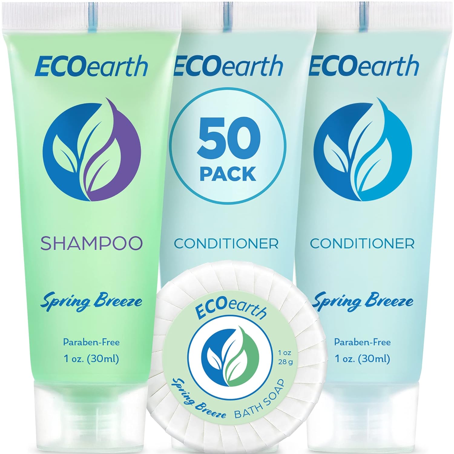 EcoEarth Soap, Shampoo and Conditioner Set (1  each, 150 Pieces, Spring Breeze), Hotel Travel Size Body Soaps Kit, Delight Guests with Revitalizing & Refreshing Hospitality Toiletries in Bulk