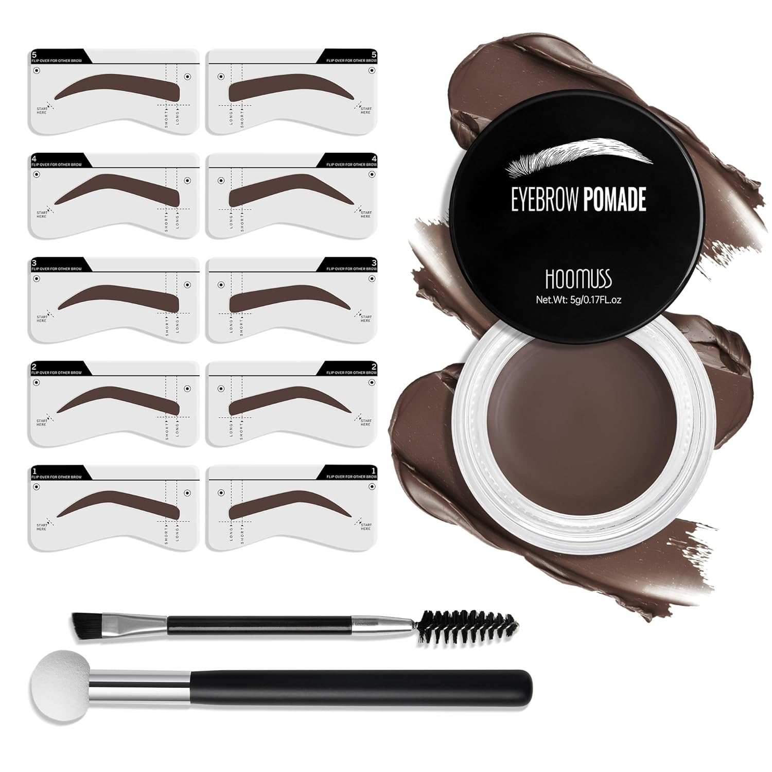 Eyebrow Stamp Stencil Kit, Brow Stamp Trio Kit with Pomade, 10 Eyebrow Stencils, Dual-ended Eyebrow Brush and Sponge Applicator (Dark Brown-B)