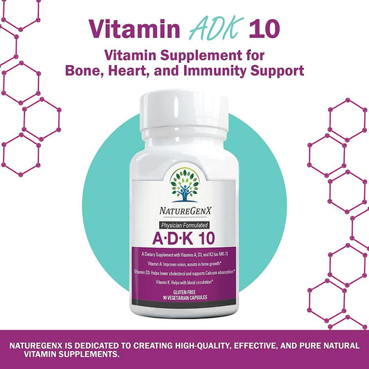 Naturegenx Adk 10 Supplement - Vitamins A, D3 And K2 - Potent 10000 Iu Vitamin D3 With Vitamin A Plus K2 For Bone, Heart