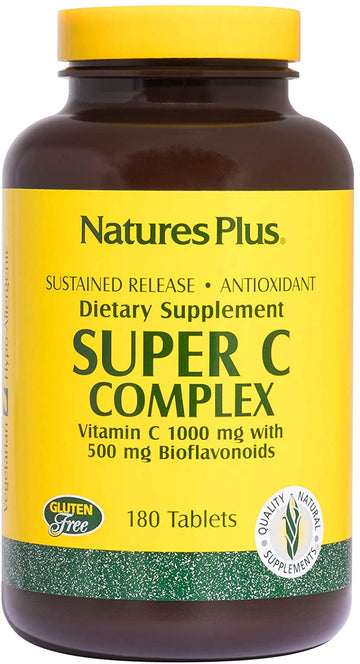 NaturesPlus Super C Complex, Sustained Release - 1000 mg, 180 Vegetarian Tablets- High Potency Immune Support Supplement, Antioxidant - Enhanced Absorption - Gluten-Free - 180 Servings