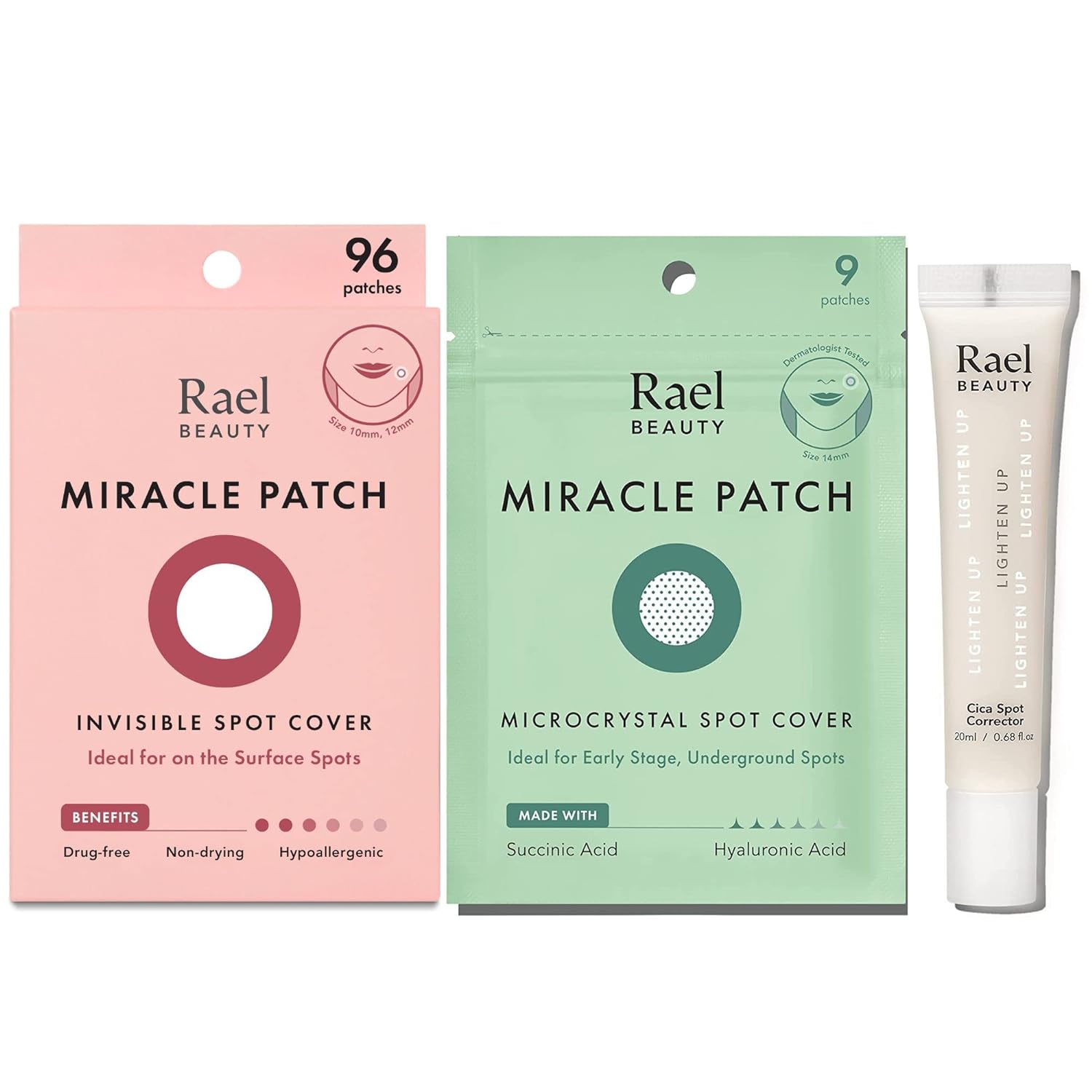 Rael Miracle Bundle - Invisible Spot Cover (96 Count), Microcrystal Spot Cover (9 Count), Cica Dark Spot Cream (20, 0.68)