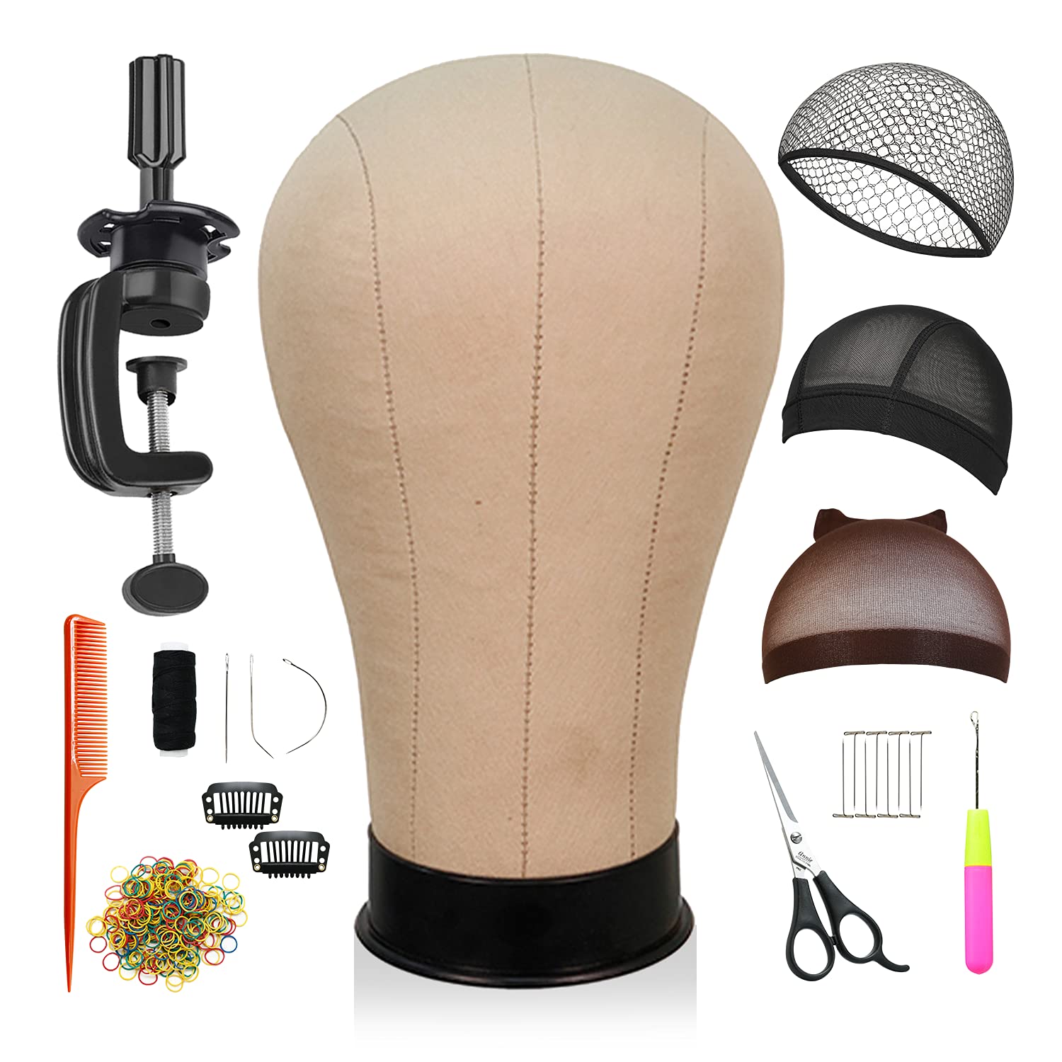 Studio Limited Canvas Block Head DIY Wig Making Starter Kit 12pcs, Long Neck (12"), Mannequin Head Wig Display and Stand for Wig Styling (21" Set)