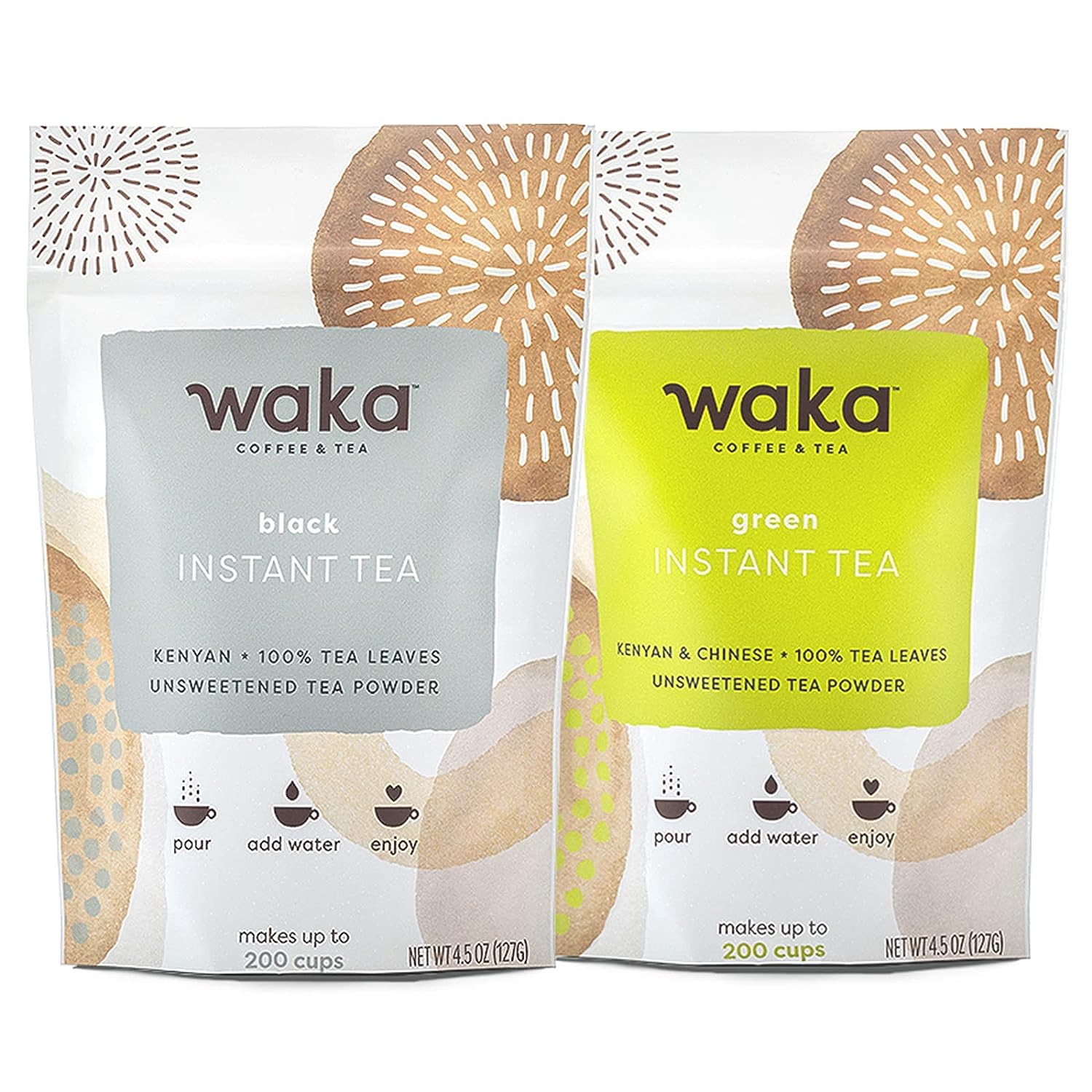 Waka Quality Instant Tea — Unsweetened 2 Bag Tea Combo — 100% Tea Leaves — Green, Black, Per Bag
