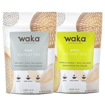 Waka Quality Instant Tea — Unsweetened 2 Bag Tea Combo — 100% Tea Leaves — Green, Black, Per Bag