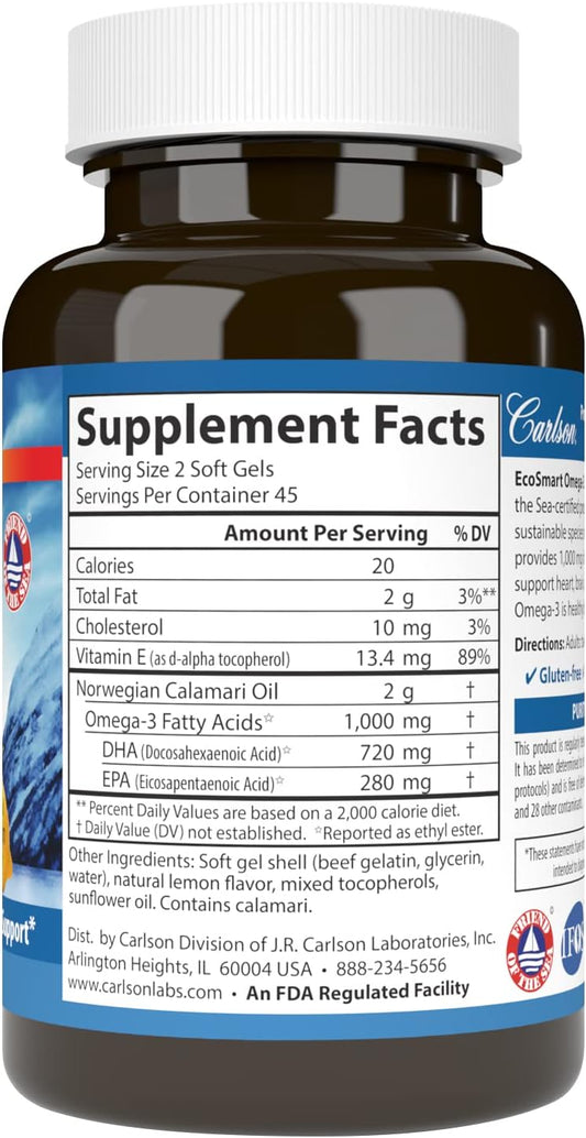 Carlson - EcoSmart Omega-3, Sustainable Source, Promotes Heart, Brain, Vision & Joint Health, Lemon, 90 soft gels