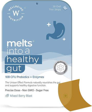 WELLBEING NUTRITION Melts Healthy Gut |Plant Based Probiotic 10B CFU, Digestive Enzyme (Protease & Papain) with Organic Apple Cider Vinegar for Indigestion, Gas, Acidity and Bloating (30 Oral Strips)