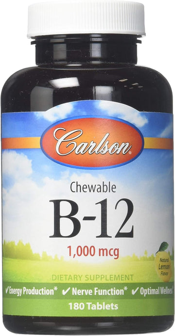 Carlson - Chewable B-12, 1000 mcg, Energy Production, Nerve Function & Optimal Wellness, Lemon, 180 tablets