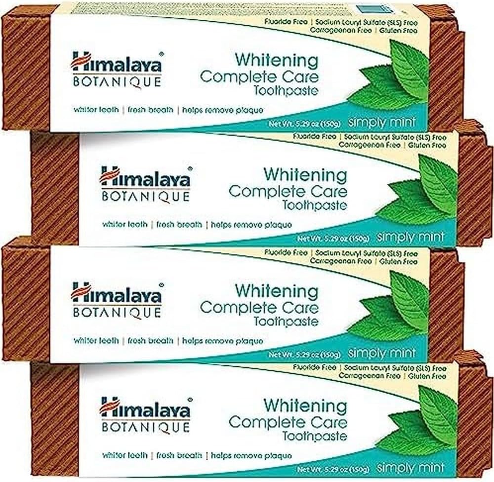 Himalaya Botanique Whitening Complete Care Toothpaste, Teeth Whitening, Fights Plaque, uoride Free, No Artificial avors, SLS Free, Cruelty Free, Foaming, Simply Mint avor, 5.29 , 4 Pack