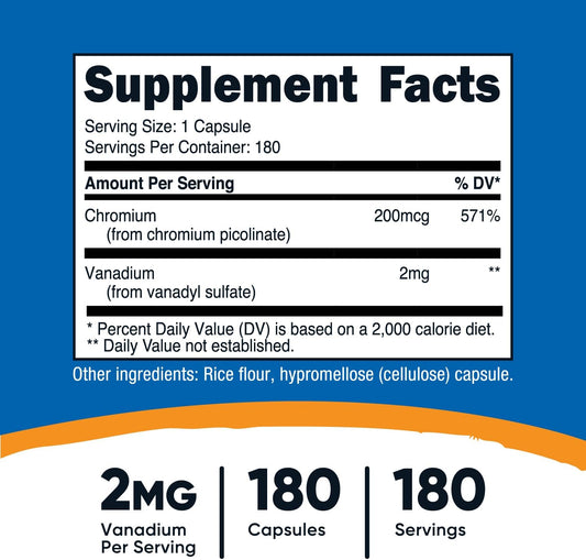 Nutricost Vanadium + Chromium 2mg 180 Vegetarian Capsules - Gluten Free, Non-GMO - Vanadium Supplement