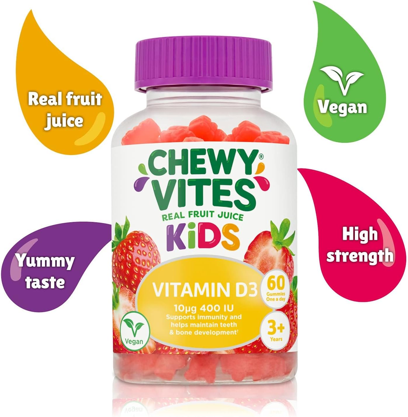 Chewy Vites Kids, High Strength Vit D3 60 Gummy Vitamins 10 micrograms