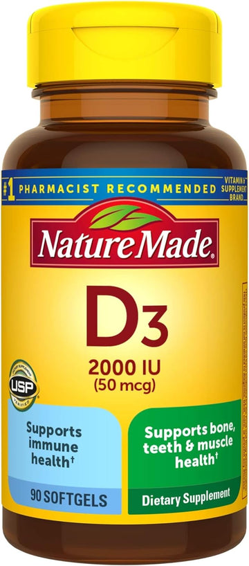 Nature Made Vitamin D3, 90 Softgels, Vitamin D 2000 Iu (50 Mcg) Helps Support Immune Health, Strong Bones And Teeth, & M
