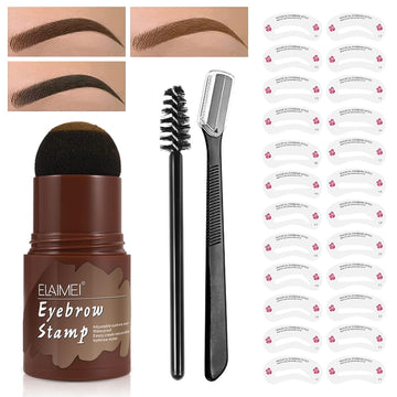 Eyebrow Stamp Stencil Kit, Professional Waterproof Long Lasting Buildable Eyebrow Powder Stamp Makeup Tools with 10 Styles Reusable Eyebrow Stencils, 2 Eyebrow Pen Brushes (with Eyebrow Knife, Medium Brown)