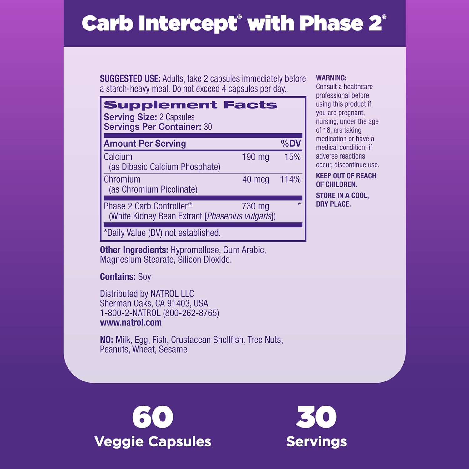 Natrol Carb Intercept with Phase 2 Carb Controller Capsules, White Kid