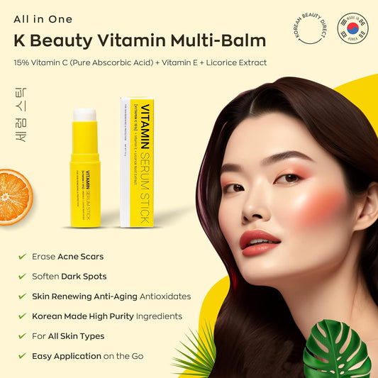 K BEAUTY Vitamin Serum Stick Balm for Face Dark Spots, Acne Scars, Anti Aging - 15% Vitamin C + Vitamin E + Licorice Extract, Korean Balm Oil Antioxidants, Skin Brightening, Lightening, Renewing, and Repair (MADE IN KOREA)