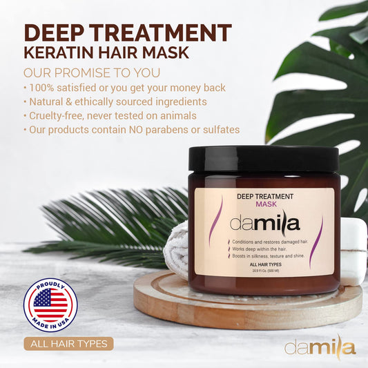 damila Keratin Hair Mask For Dry Damaged Hair - Deep Conditioning Hair Mask For Curly, Frizzy Hair - Removes Frizz, Repairs Split Ends, Restores Silkiness and Shine - 16.9 .