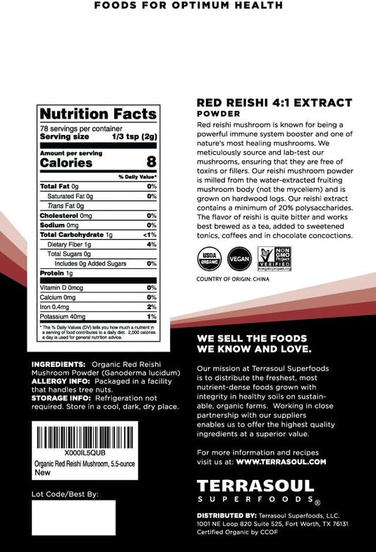 Terrasoul Superfoods Organic Reishi Mushroom Powder (4:1 Extract), 5.5
