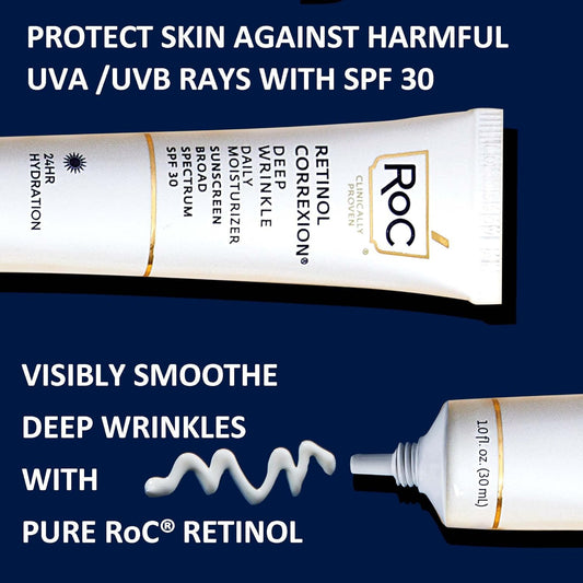 RoC Retinol Correxion Deep Wrinkle Daily Face Moisturizer with Sunscreen SPF 30, Skin Care Treatment for Fine Lines, Dark Spots, Post-Acne Scars, 1