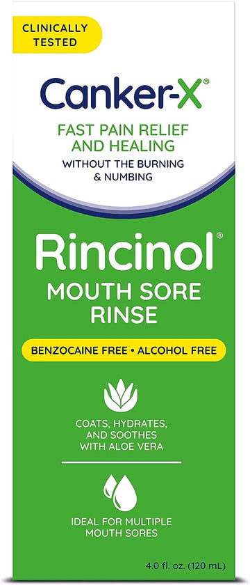 Canker-X Rincinol Oral Rinse Mouthwash, Quick Pain Relief from Canker Sores, Mouth Burns & More, Benzocaine Free & Alcohol Free Mouthwash, Adults & Children 6+ Years, Kids Mouthwash, 4.0 .