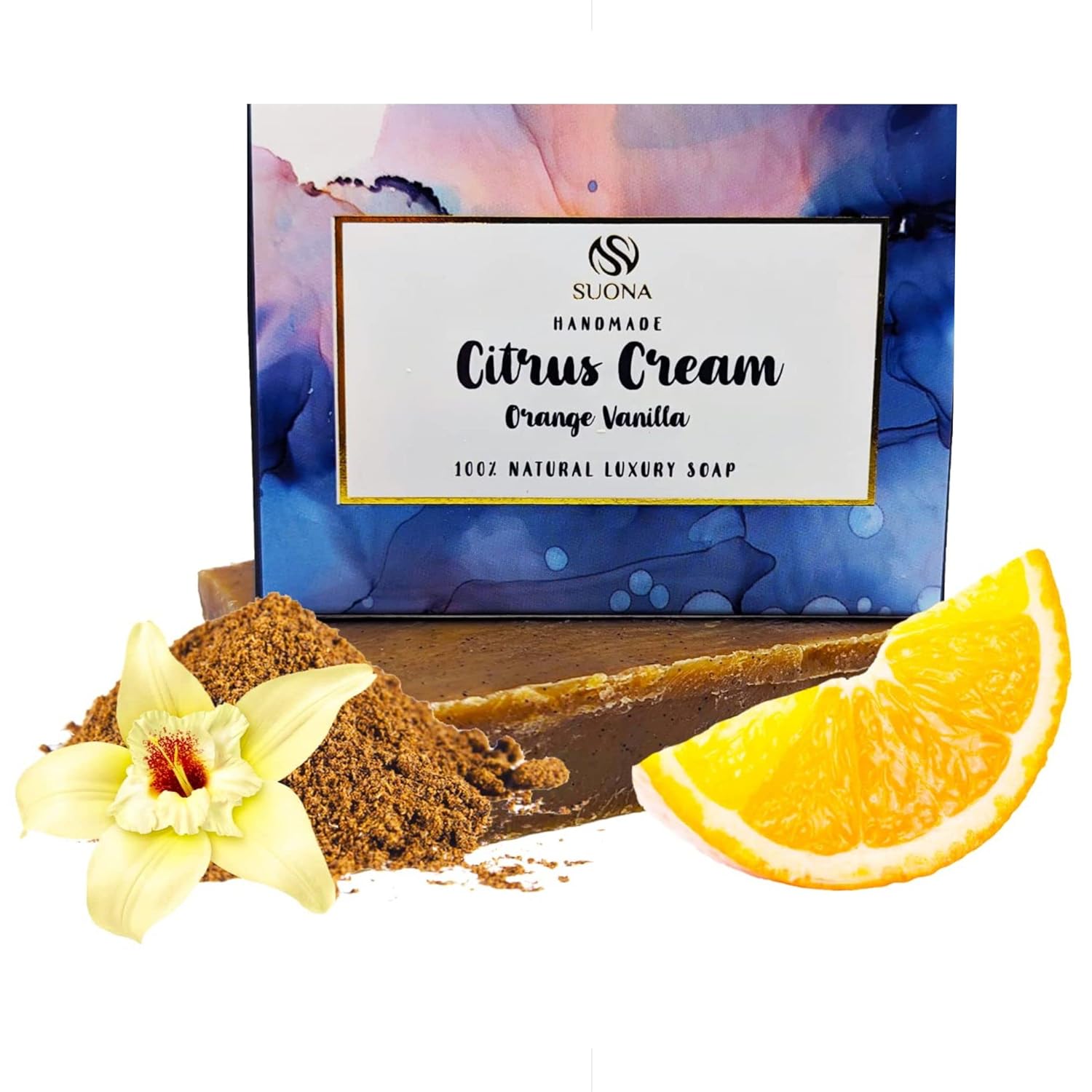 Suona Orange Vanilla Soap – All Skin Face & Body Wash | Handmade Soap With Premium Essential Oils of Coconut, Olive & Sunower | USA Made Mild Facial Face Soap