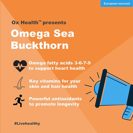 OX HEALTH Omega 7 Fatty Acid | Sea Buckthorn Oil | Omega 3-6-7-9 | European Source | 90 Softgels | Super Antioxidation (